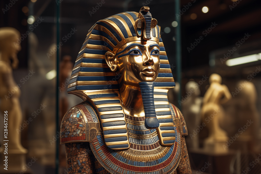 Fototapeta premium Majestic Pharaoh of Ancient Egypt with Royal Attire, Golden Crown, Hieroglyphs, and Pyramids of Giza in the Background, Symbolizing Power, Mystery, and Ancient Civilization. History book. 