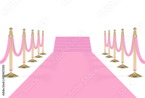 Pink carpet with stairs, podium, ropes and golden stanchions. Vector illustration.