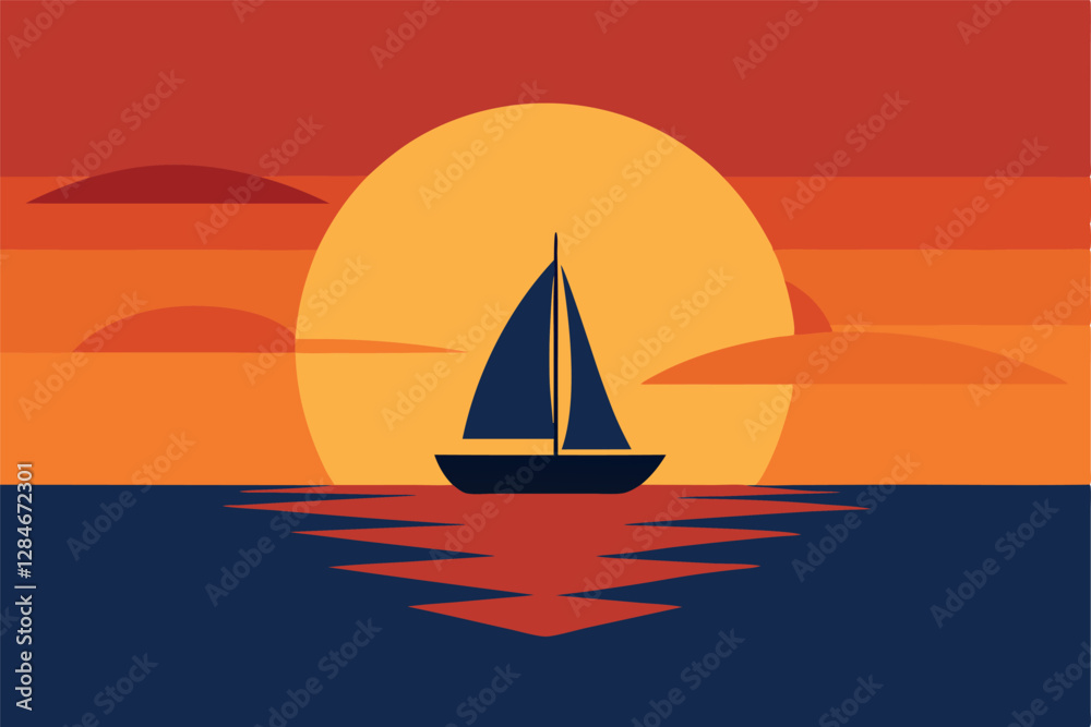 Fototapeta premium Calm Sea and Stunning Sunset with Sailboat Silhouette