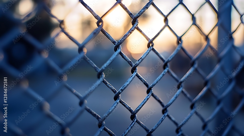 Closeup View of a Chain Link Fence with Sunset Light Blurring Through the Links : Generative AI Closeup View of a Chain Link Fence with Sunset Light Blurring Through the Links : Generative AI
