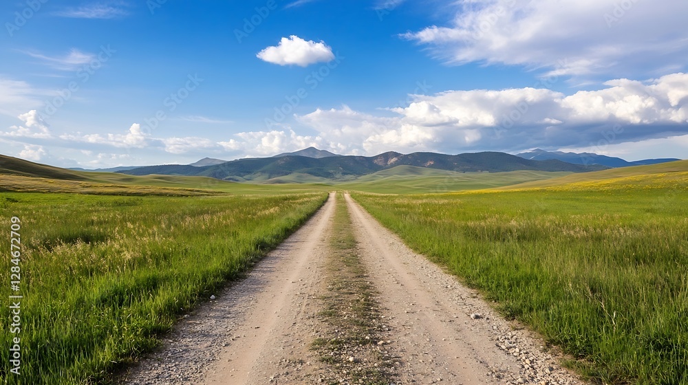 Wide dirt road stretching through lush green meadows under a bright blue sky featuring majestic mountains : Generative AI Wide dirt road stretching through lush green meadows under a bright blue sky featuring majestic mountains : Generative AI