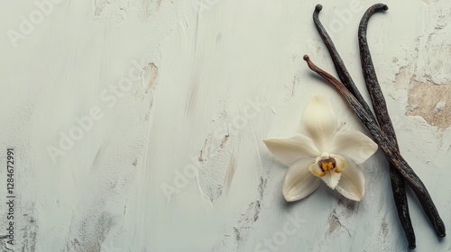 Delicate White Flowers and Dark Vanilla Pods Arranged Elegantly on a Neutral Background Showcasing Natural Beauty and Culinary Potential