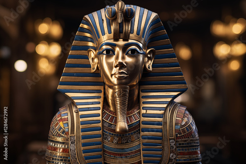 Majestic Pharaoh of Ancient Egypt with Royal Attire, Golden Crown, Hieroglyphs, and Pyramids of Giza in the Background, Symbolizing Power, Mystery, and Ancient Civilization. History book. 