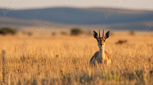 African gazelle standing gracefully in a golden grass field during sunset : Generative AI