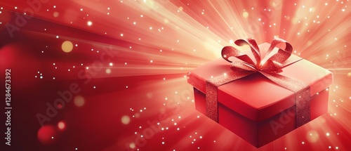 Bright Red Gift Box With a Ribbon Surrounded by Sparkling Lights Creates a Joyful Atmosphere for Celebrations and Special Occasions During the Holiday Season