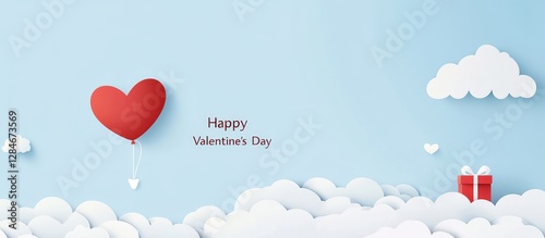 Heart-shaped Balloon Celebrates Love With Gift Box on a Cloudy Background for Valentine's Day