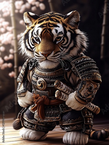 A majestic Bengal tiger, donned in full samurai armor, stands with an unshakable presence. His piercing amber eyes radiate wisdom and discipline, while the ancient battle-worn lamellar armor glistens  photo