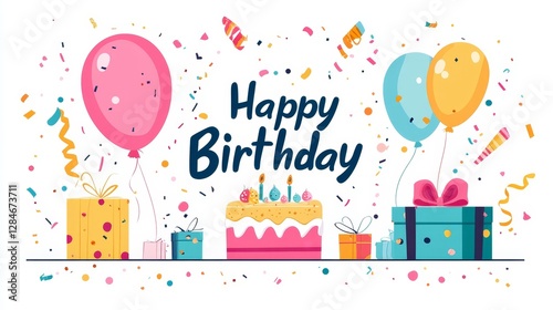 Celebrate a Joyful Birthday With Colorful Balloons, a Festive Cake, and Wrapped Gifts in a Cheerful Atmosphere Filled With Confetti