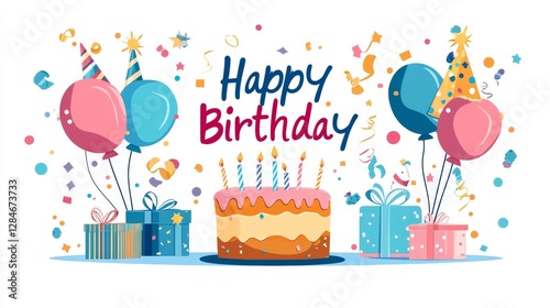 Celebrate a Joyful Birthday With Colorful Balloons, a Festive Cake, and Wrapped Gifts in a Cheerful Atmosphere Filled With Confetti