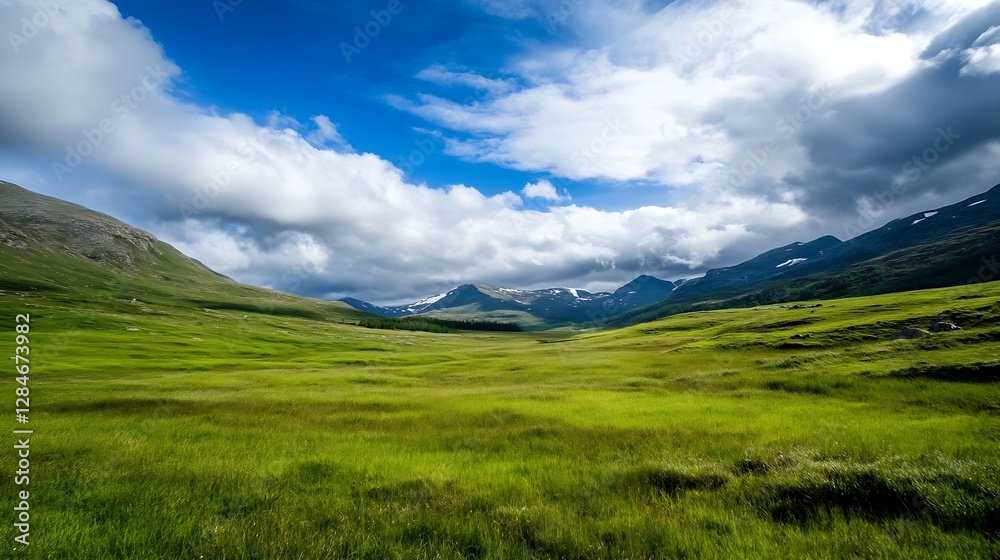 Expansive open field with lush green grass under a bright sky dotted with fluffy white clouds : Generative AI Expansive open field with lush green grass under a bright sky dotted with fluffy white clouds : Generative AI