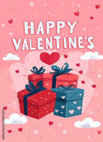 Colorful Gift Boxes With Hearts and Festive Text Celebrating Valentine's Day in a Cheerful and Romantic Atmosphere