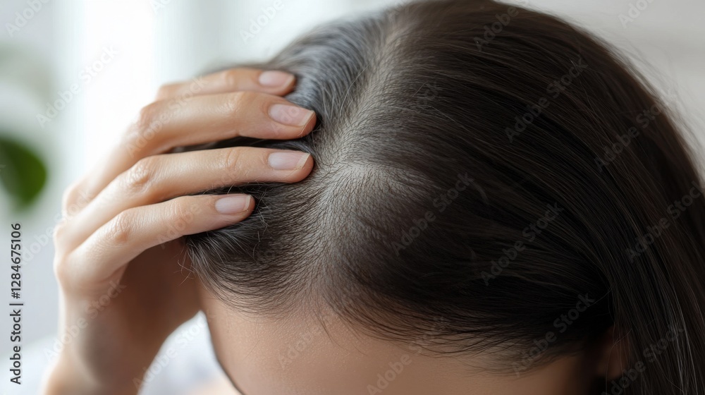 Naklejka premium Hair loss displayed in a person inspecting their scalp in a cozy, serene bedroom. Featuring care and self-awareness