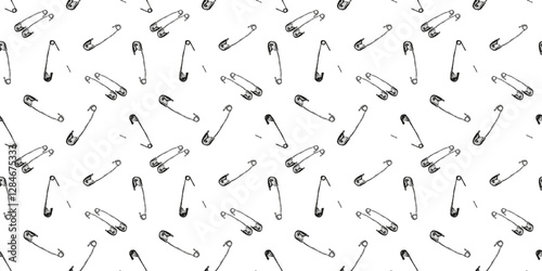 Seamless pattern with safety pins pierced through and attached to surfaces. Halftone stipple elements with grunge punk dotted texture. Modern retro photocopy vector illustration
