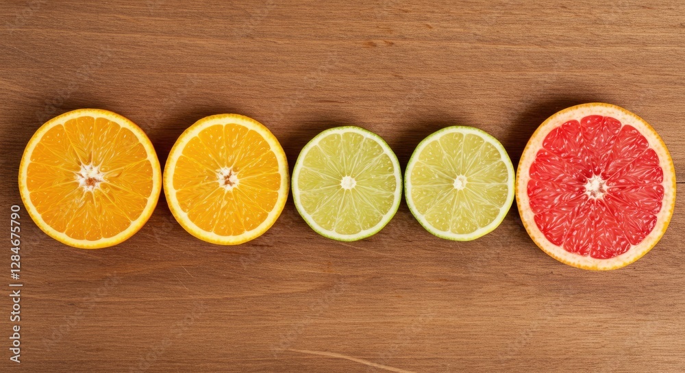 Arrangement of Orange, Lime, and Grapefruit Slices on Wooden Surface Arrangement of Orange, Lime, and Grapefruit Slices on Wooden Surface
