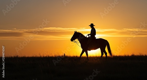 Cowboy Riding Horse Silhouette at Sunset on Grassy Plains