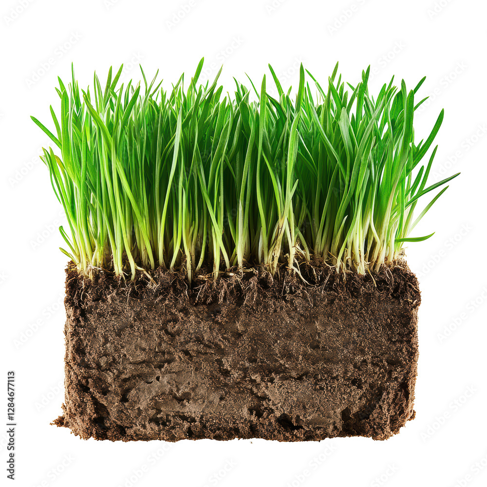 Isolated Square of Earth with Dense Root System and Vivid Green Grass Blades Isolated Square of Earth with Dense Root System and Vivid Green Grass Blades