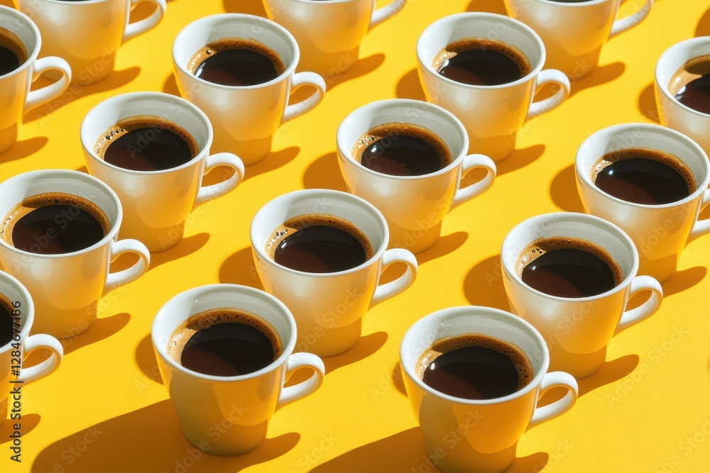 Bright yellow background filled with repeating patterns of coffee cups, each filled with dark aromatic coffee and casting stark contrasting shadows, creating a playful yet stimulating visual. Bright yellow background filled with repeating patterns of coffee cups, each filled with dark aromatic coffee and casting stark contrasting shadows, creating a playful yet stimulating visual.