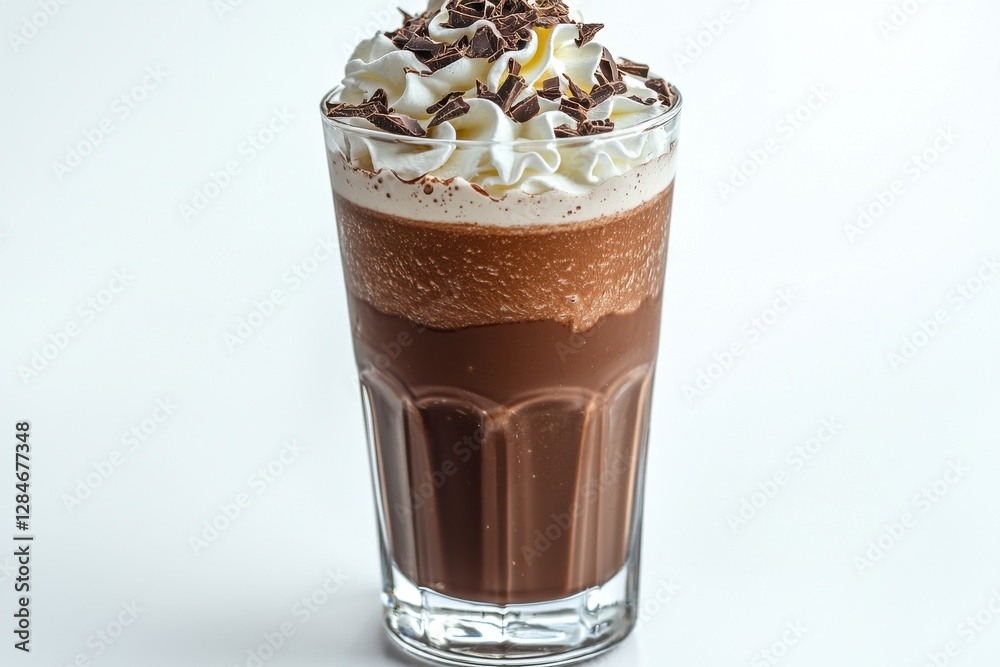 A decadent chocolate milkshake in a glass topped with whipped cream and chocolate shavings, presented against a clean, bright white background for a polished look. A decadent chocolate milkshake in a glass topped with whipped cream and chocolate shavings, presented against a clean, bright white background for a polished look.