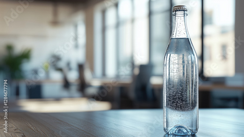 Bottle of Sparkling Water Positioned on Office Table with Open Area for Text: Ideal for Professional and Marketing Designs