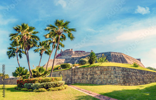 Massive stone walls of the remains of San Felipe de Barajas Castle atop San Lázaro Hill, in Cartagena, Colombia