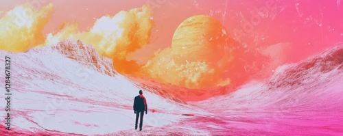 Man exploring surreal pink landscape with distant planet in vibrant fantasy scene photo