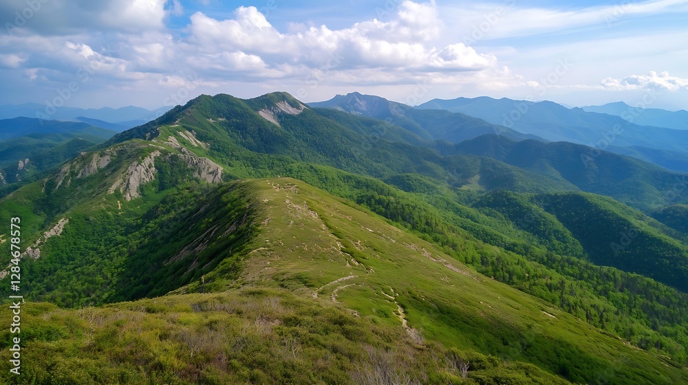 Breathtaking panoramic view of green mountains and valleys under a bright sky filled with clouds : Generative AI