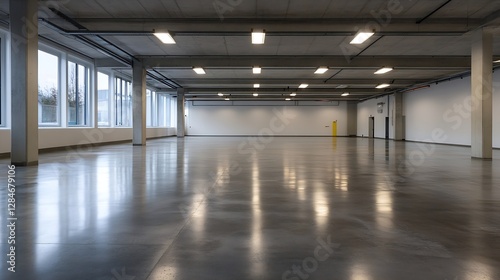 Spacious empty industrial warehouse interior with polished concrete floor and bright lighting : Generative AI