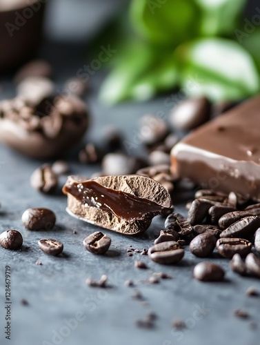 Delicious close up of dark chocolate pieces surrounded by coffee beans and rich cocoa : Generative AI photo