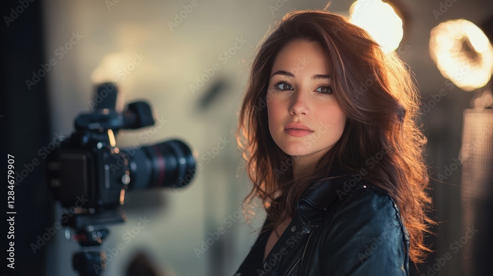 Captivating portrait of a young European female model in a studio setting, showcasing her natural beauty and serene expression with professional camera focus. Captivating portrait of a young European female model in a studio setting, showcasing her natural beauty and serene expression with professional camera focus.