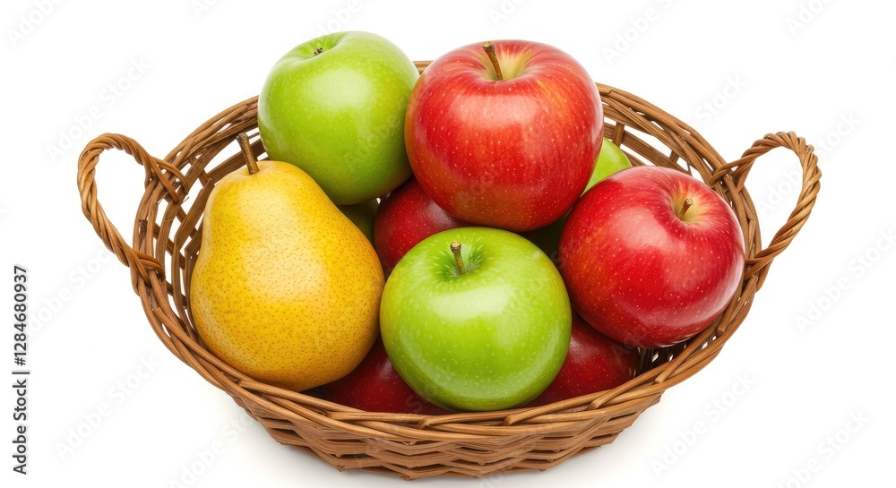 Fresh Apples and Pear in Wicker Basket on White Background