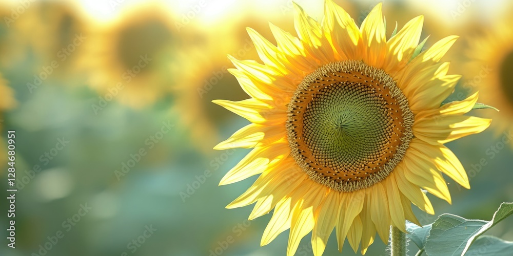 Fototapeta premium Sunflowers at sunrise with seeds in center.