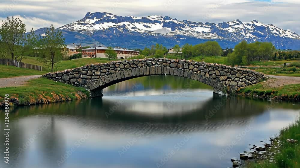 Serene stone bridge over calm waters with majestic mountains in the background under a cloudy sky