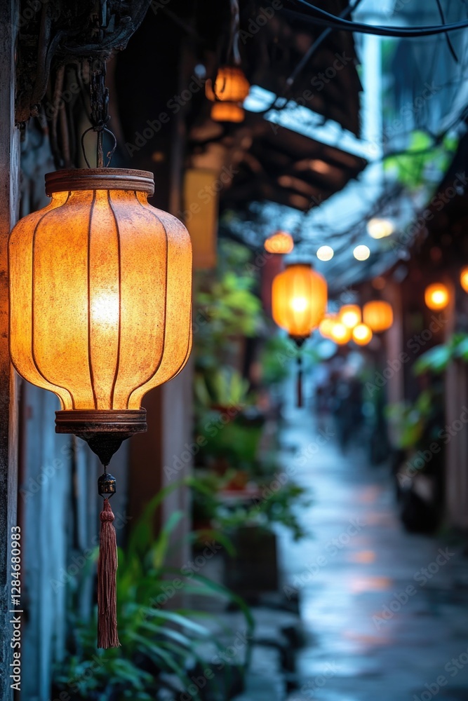 Obraz premium A picturesque night scene in a Chinese alleyway featuring traditional lanterns and street lights. A serene atmosphere ideal for romantic walks.