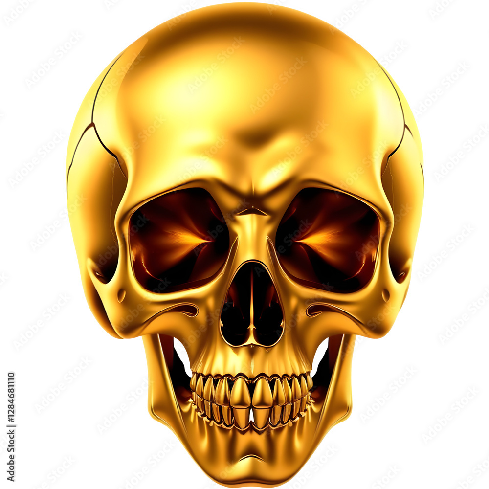 A golden skull with shiny surfaces and dark eye sockets, showcasing intricate dental features and a smooth, reflective finish. A golden skull with shiny surfaces and dark eye sockets, showcasing intricate dental features and a smooth, reflective finish.