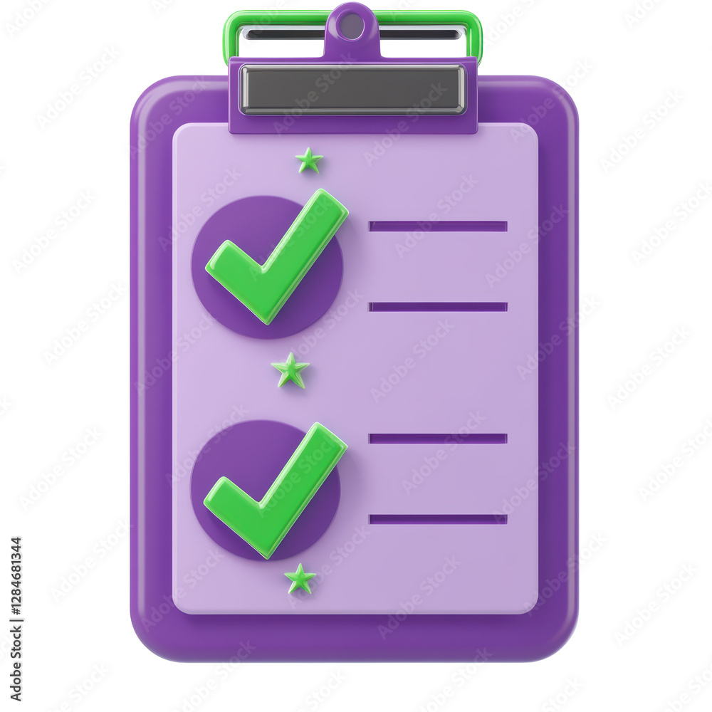 Isolated 3D Clipboard with Green Checkmarks and Stars Isolated 3D Clipboard with Green Checkmarks and Stars