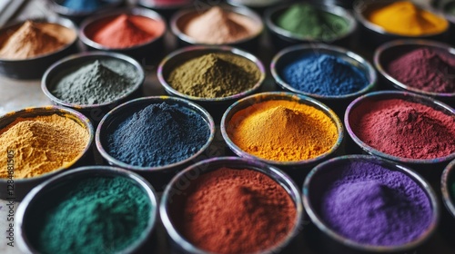 Brightly colored, unpackaged paint powders for artistic use. photo