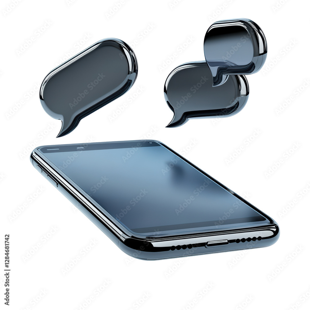 Isolated Reflective Smartphone with Floating Speech Bubbles in Chrome Style Isolated Reflective Smartphone with Floating Speech Bubbles in Chrome Style