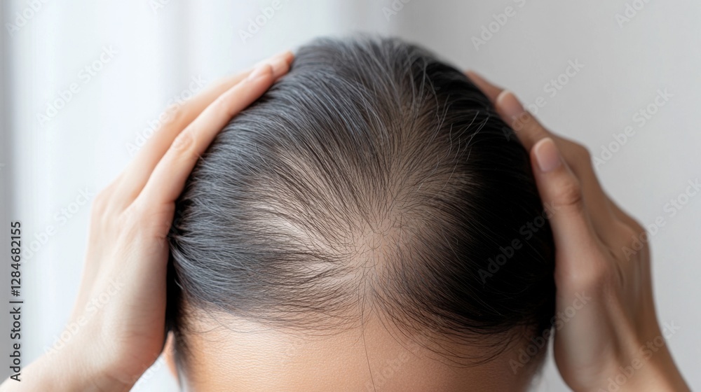 Hair loss evident in a person inspecting their thinning hairline in front of a bedroom mirror. Featuring self-awareness and concern Hair loss evident in a person inspecting their thinning hairline in front of a bedroom mirror. Featuring self-awareness and concern