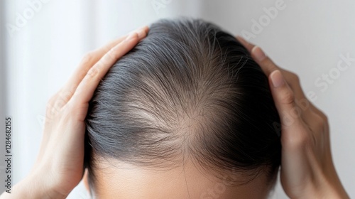 Hair loss evident in a person inspecting their thinning hairline in front of a bedroom mirror. Featuring self-awareness and concern