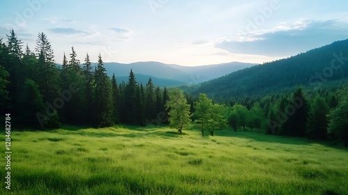 Lush green valley surrounded by gentle hills under soft sunlight in nature's embrace : Generative AI