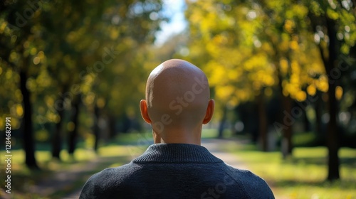 Hair loss in a beautiful park, a person enjoying a brisk walk. Featuring health and well-being