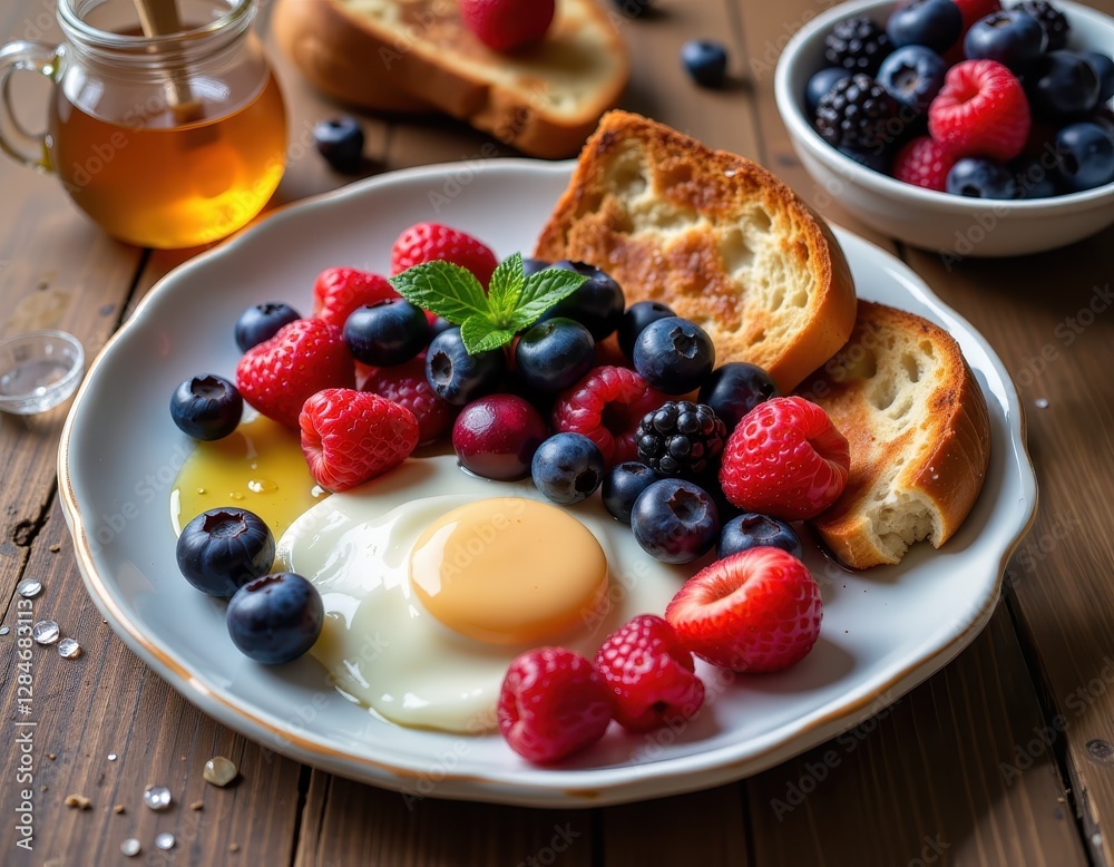 Delicious breakfast spread with fresh berries, eggs, and toasted bread on a rustic wooden table Delicious breakfast spread with fresh berries, eggs, and toasted bread on a rustic wooden table