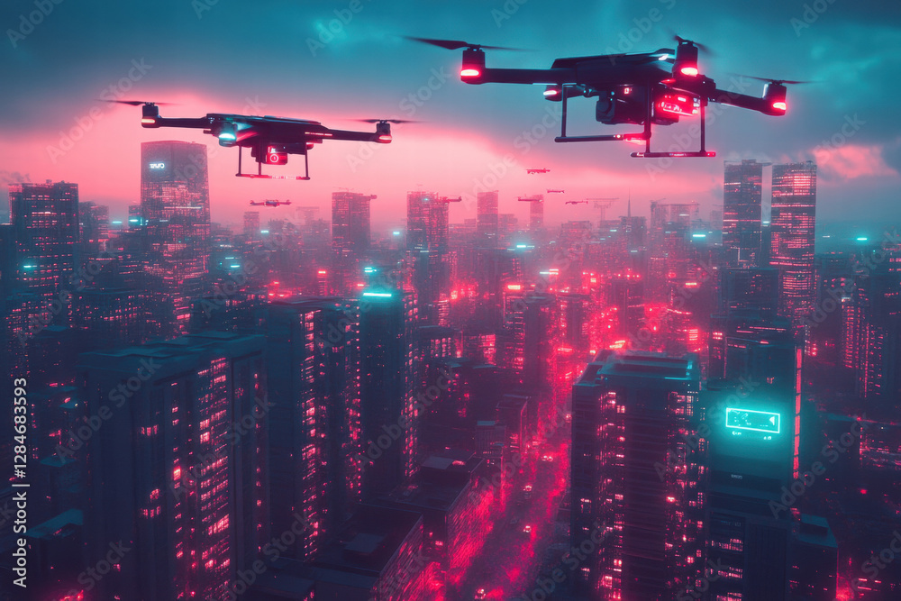 Swarm of surveillance drones flying over a high-tech futuristic city Swarm of surveillance drones flying over a high-tech futuristic city