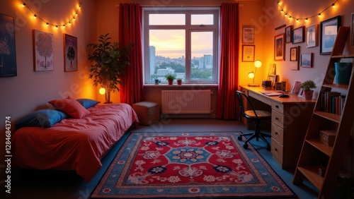 Dorm room, Bird's-eye view of a dorm room at sunset with vibrant tapestry glowing string lights and posters. Hyper-realistic textur