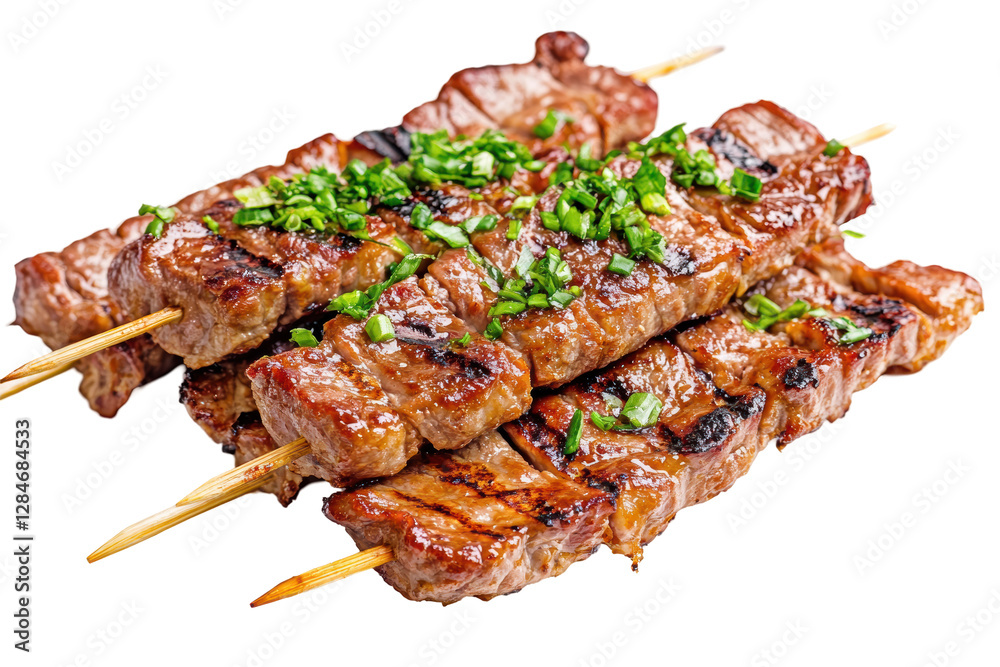 Isolated Grilled Skewers with Fresh Green Garnish Isolated Grilled Skewers with Fresh Green Garnish