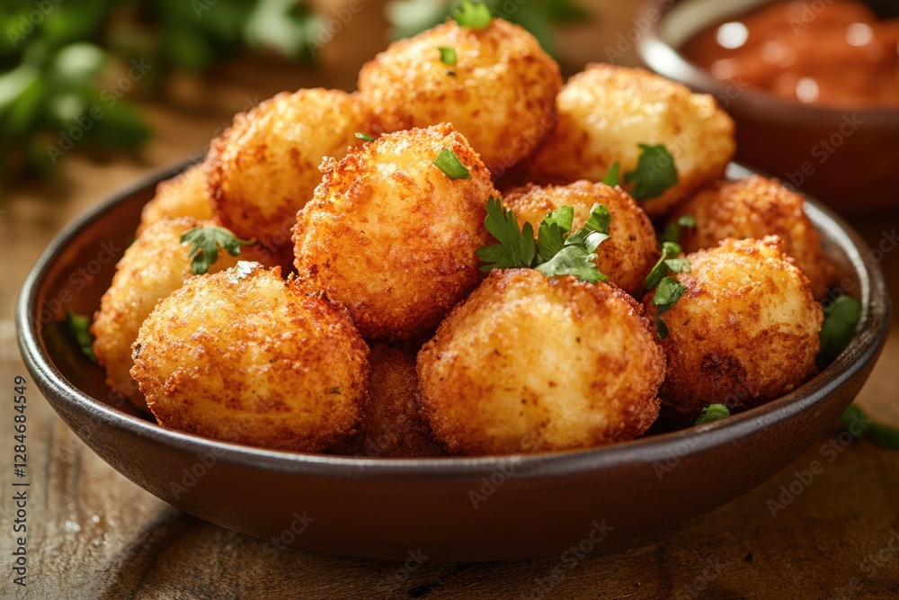 Golden Fried Potato Balls in Brown Bowl: A Delicious Snack Golden Fried Potato Balls in Brown Bowl: A Delicious Snack