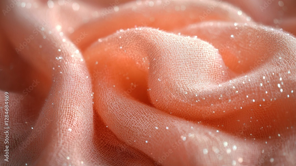 Fototapeta premium Soft peach fabric texture with subtle glitter, close-up