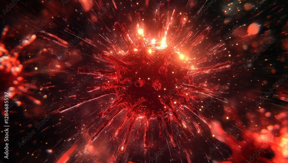 Intricate digital rendering of a virus, glowing red and radiating energy. A striking image representing the microscopic world. Intricate digital rendering of a virus, glowing red and radiating energy. A striking image representing the microscopic world.