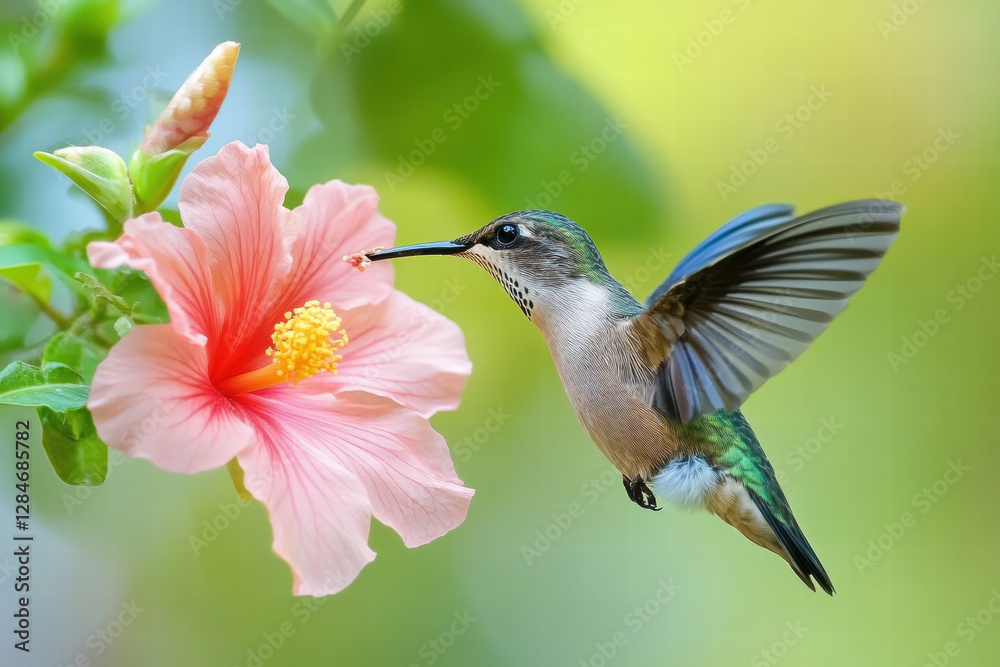 Fototapeta premium Close-up of a hummingbird hovering near a pink hibiscus flower