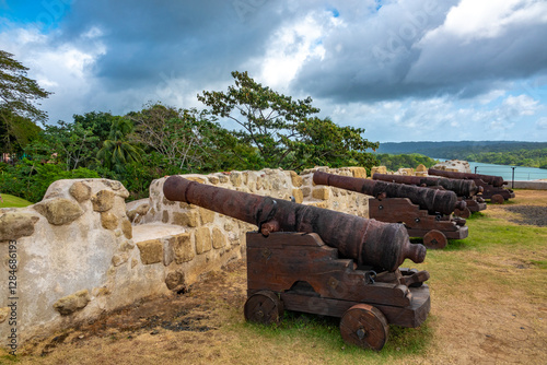 historical cannon batteries among the ruins of San Lorenzo Real de Chagres Castle (Castillo de San Lorenzo Real de Chagres), Colon, Panama